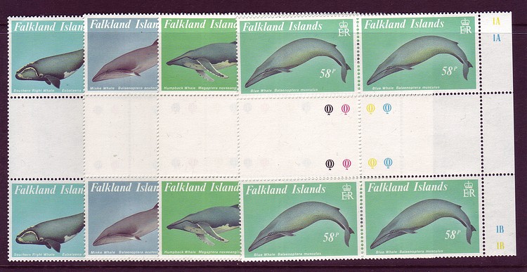 Falkland Islands #501-04 Whales 4v Gutter Pairs Blocks Mnh