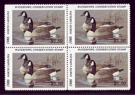 North Carolina 1986 Duck Hunting Stamp Block of Four Mnh