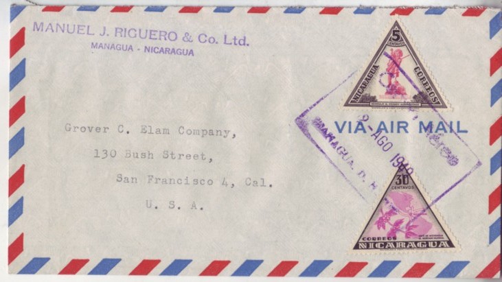 Nicaragua 1949 Airmail to San Francisco Triangles Maps Statues - Click Image to Close