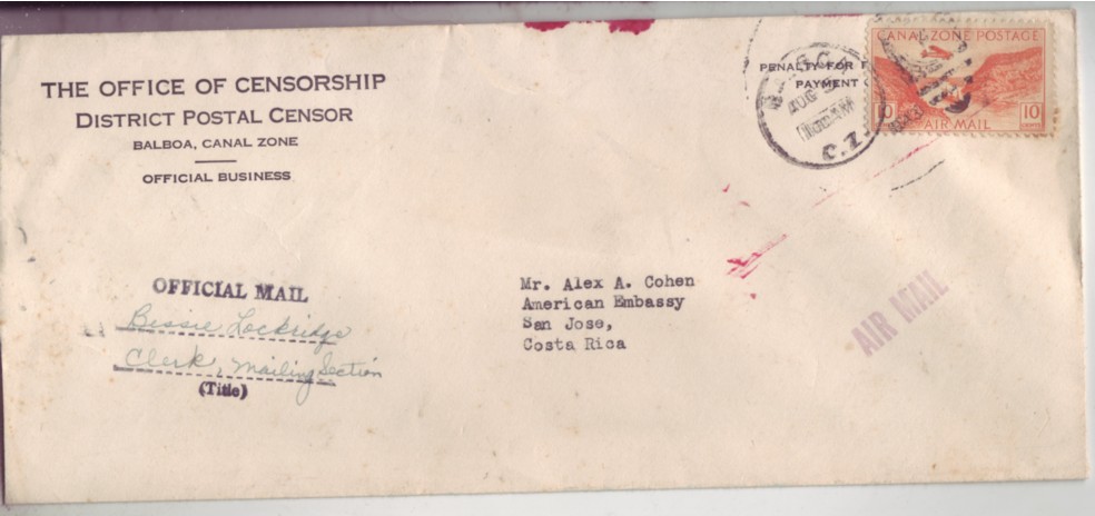 USA Canal Zone #C9 10c 1943 Airmail Censored to Costa Rica