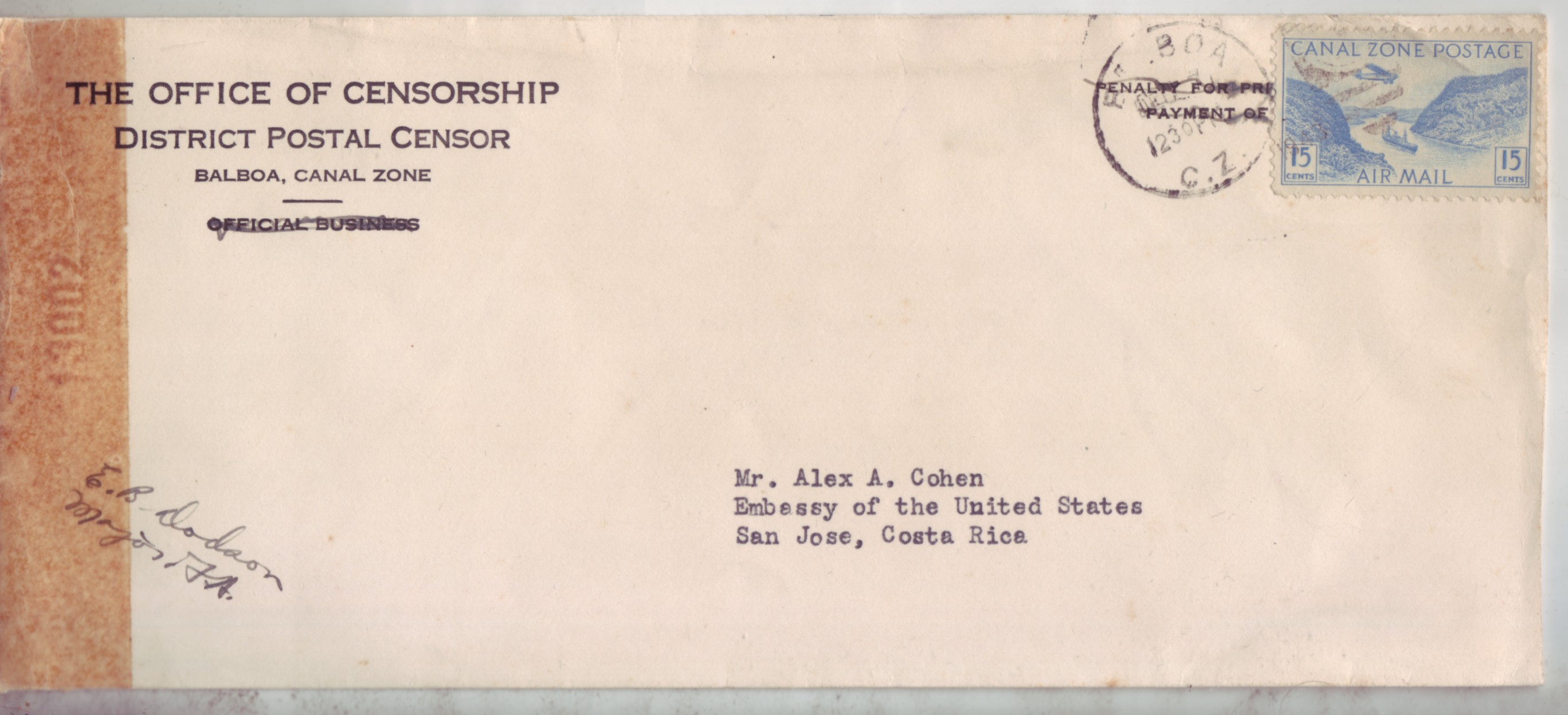 USA Canal Zone #C10 15c 1943 Airmail Censored to Costa Rica