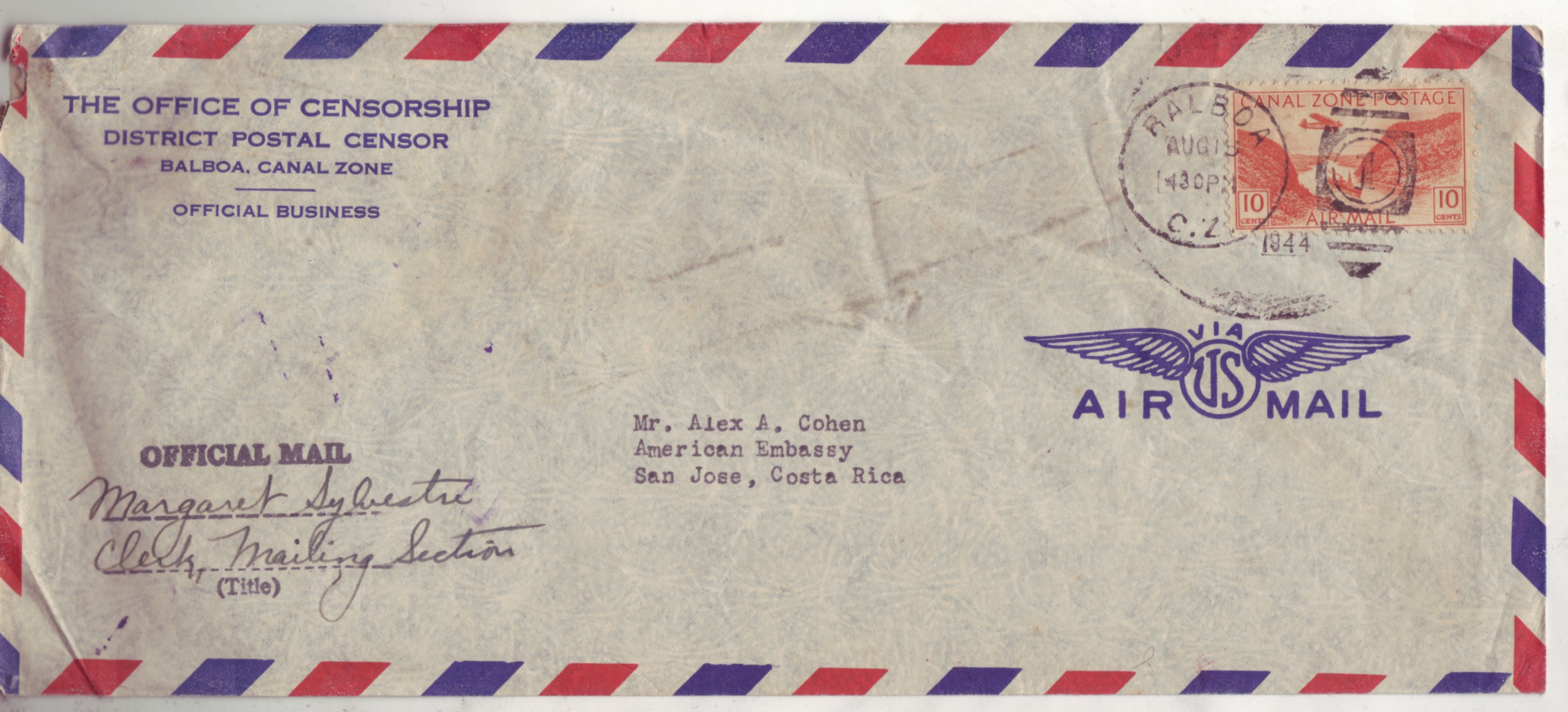 USA Canal Zone #C9 10c 1944 Airmail Official Mail to Costa Rica