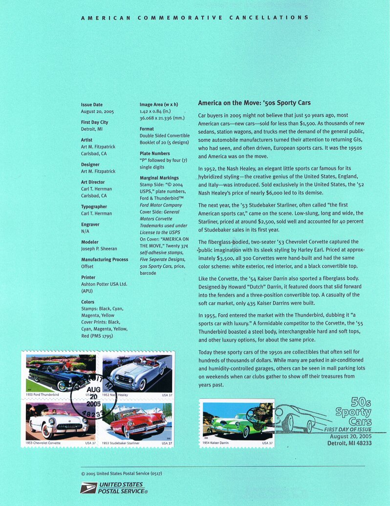 USA 2005 #3931-35 37c Sports Cars of the 1950s SP Souvenir Page